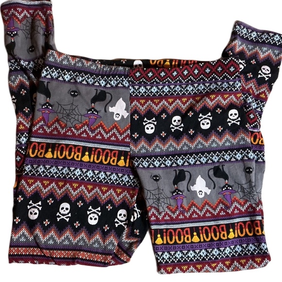 Fun Halloween Warm Leggings, Gray Orange, Ghosts Cats Boo! Spiders Skulls, M L - Picture 1 of 9